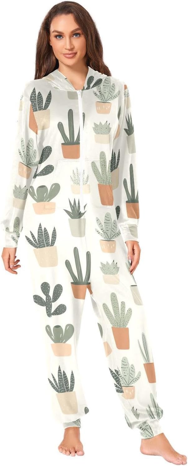 ZZKKO Farmhouse Cactus Adult Onesie Pajamas for Women Men Cozy One Piece Pajamas Costume Zip-Up Hooded S-XL