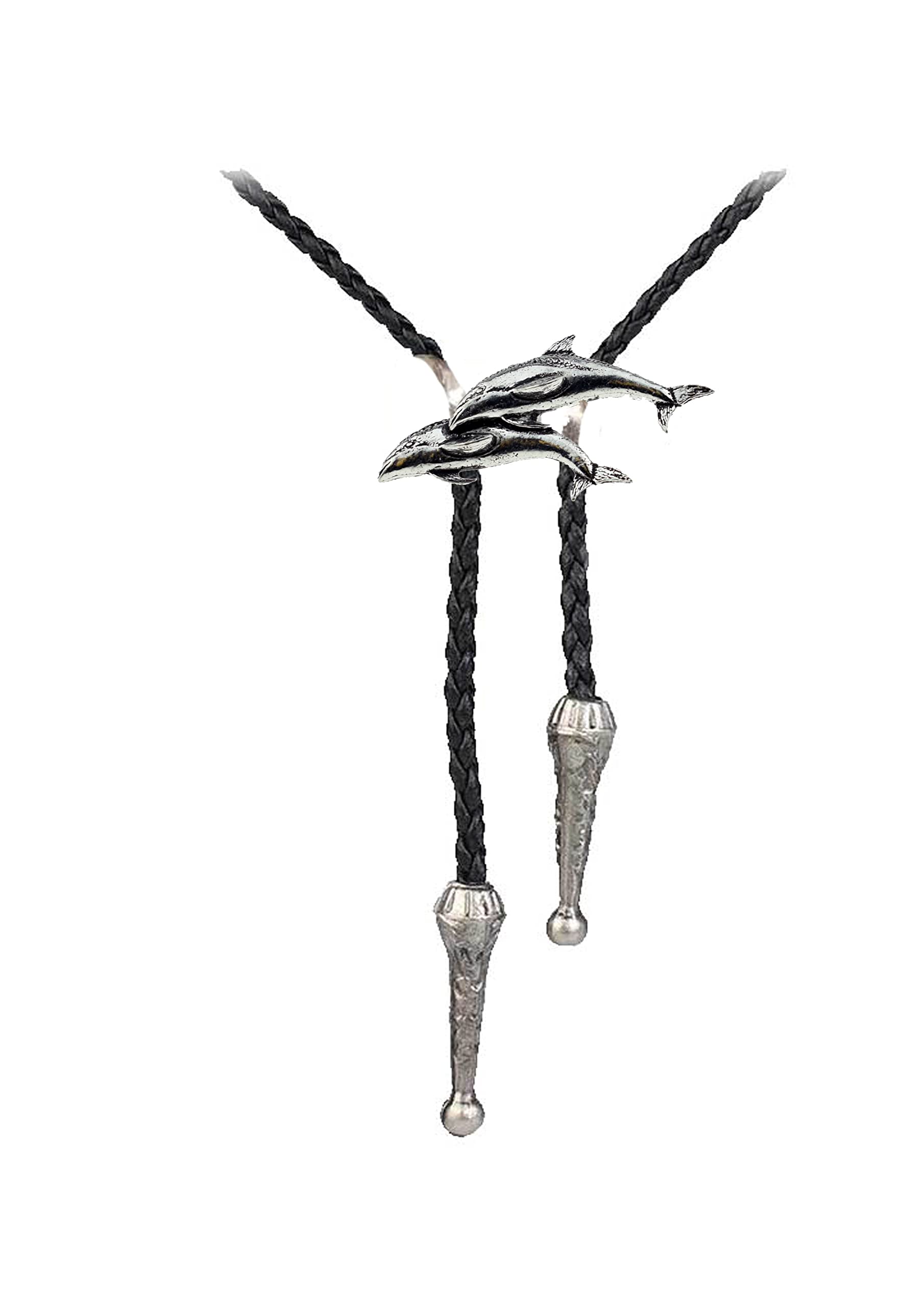 Hand Creations Unisex Silver / Black Pewter Double Dolphin Necklace Western Cowboy Necktie Bola Bolo Tie Codea38 Line Dancing Cowboy Wild West