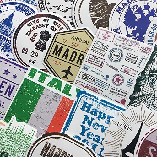 Homyu Stickers 60-Pcs PVC Decals Retro Stamp Postmark Theme Waterproof Sunlight-Proof DIY Ideals for Cars Motorbikes Skateboard Spinner Luggages Laptops