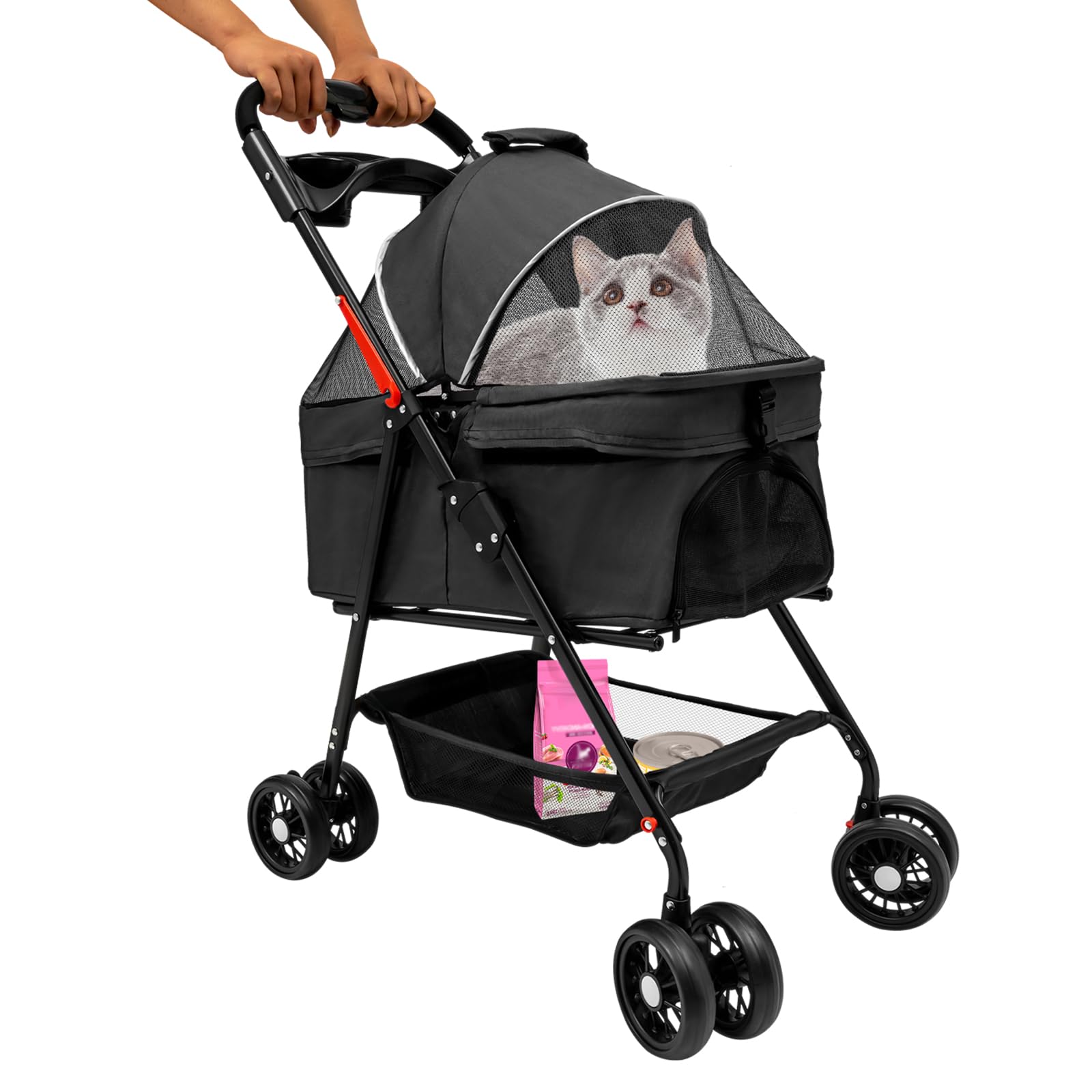 Foldable Pet Cart w/Cover, 4 Wheels Carrier Strolling Cart Puppy Carrier for Cats and Dogs, Storage Basket for Small/Medium Pet, Waterproof Pad, Car Seat, Sun Shade (Black)