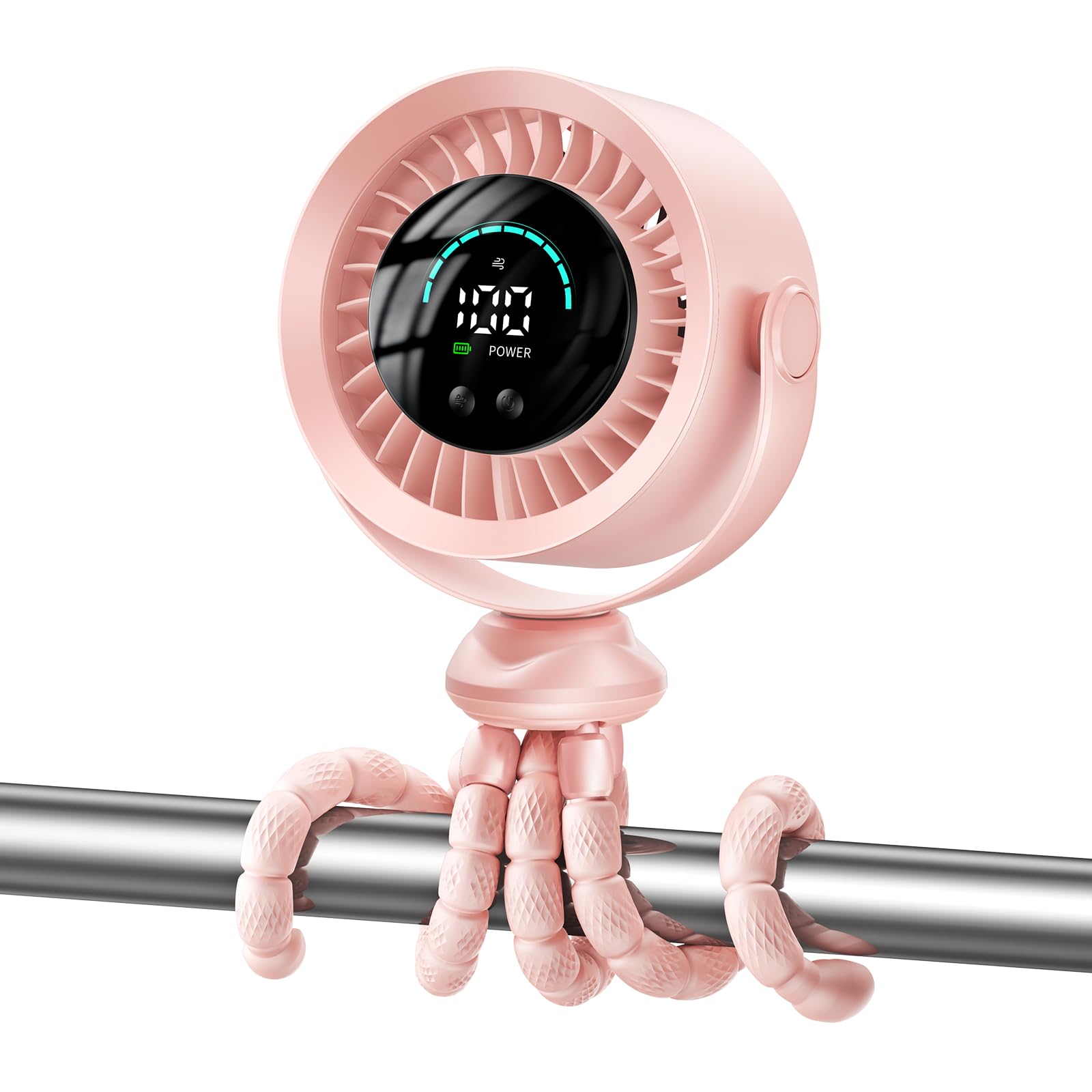 KIMMOO Ventilateur de poussette portable 3 en 1 rechargeable pour poussette avec 100 vitesses, flux d'air turbo, ventilateur réglable à 360 °, silencieux et sûr à clipser pour berceau, siège de