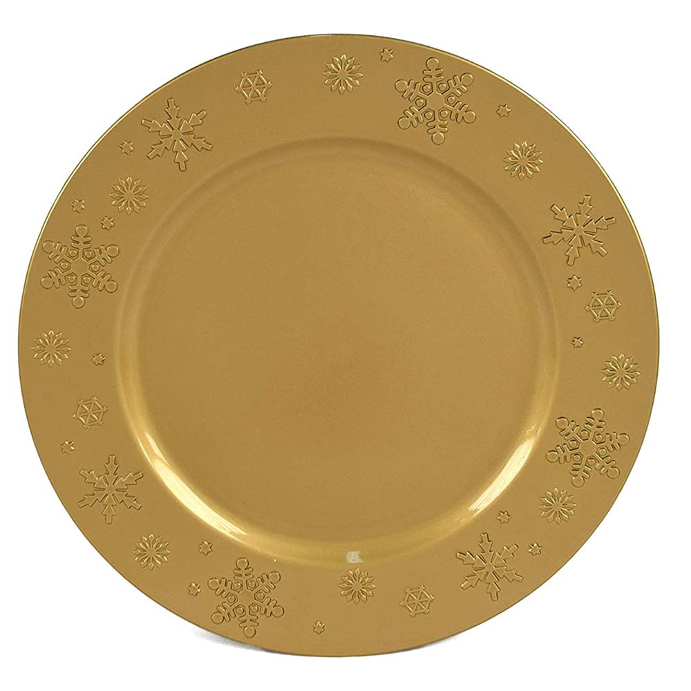 12 Sottopiatti Bordo Fiocchi di Neve Oro in plastica Rigida Bordo Liscio Tondo 33 cm Natale cenone sotto Piatto Natalizio Capodanno Natale Cena Aperitivo