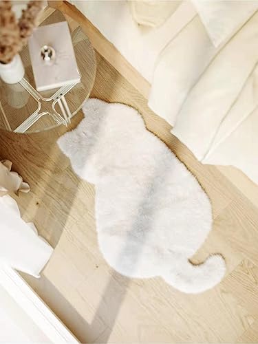 Miniatura 1 de QWINEE Alfombra de felpa con forma de animal de gato, antideslizante, suave, gruesa, para mascotas, sala de estar, cocina, color blanco, 24 x 35