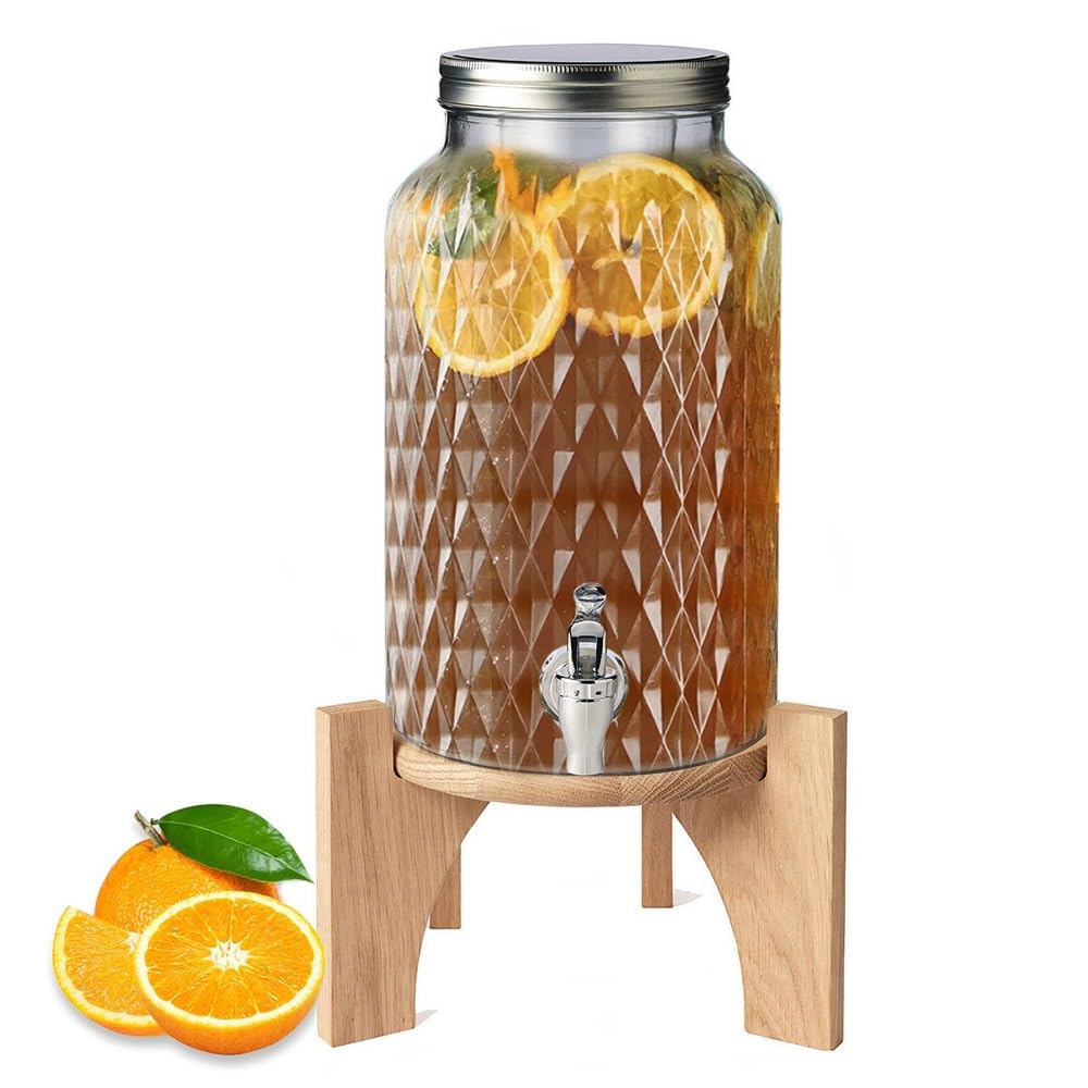 Paluplus Dispenser in Vetro con Base in Bamboo, Misura Giara 17,​5x30,​5cm e Capacità 5,​6 Litri, Tanica con Rubinetto e Coperchio in Metallo Cromato per conservare le bevande fresche -​7604M