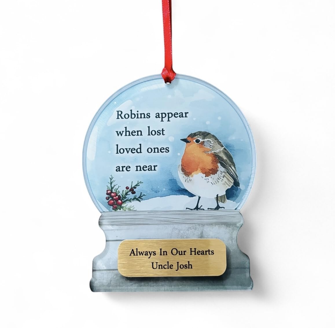 Maisie Moo Gifts Limited Gold/Red Personalised Robins Appear When Lost Loved Ones Are Near Acrylic Memorial Snowglobe Christmas Tree Ornament Bauble Decoration