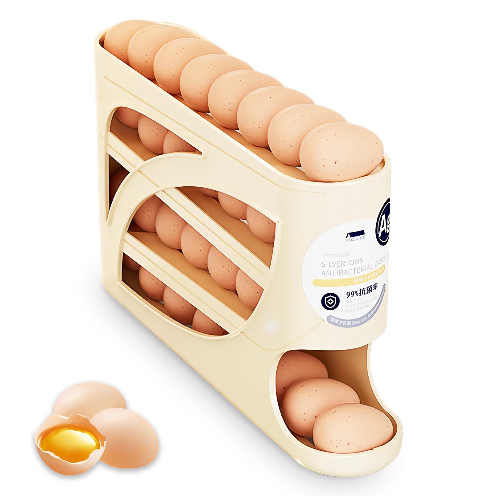 Eidoct Beige Egg Holder, Rolling Storage, Automatic Egg Dispenser, Multi-Layer