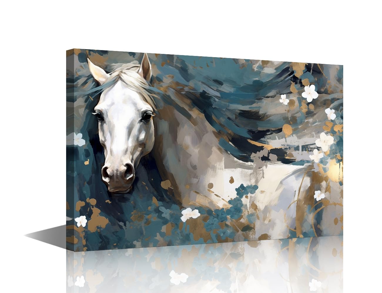 TISHIRON Green Gray Background White Horse White Flowers Print Painting on Canvas 1 Panels Modern Abstract Blue Wall Art Animal Picture Artwork for Living Room Bedroom Decor (12" Wx18 H)