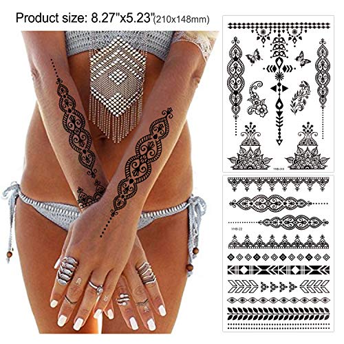 Konsait 10 Sheets Henna Temporary Tattoo Black Art Stickers Lace Mehndi Body Transfers Tattoo For Women Adult Girls For Festival Party #TOP1