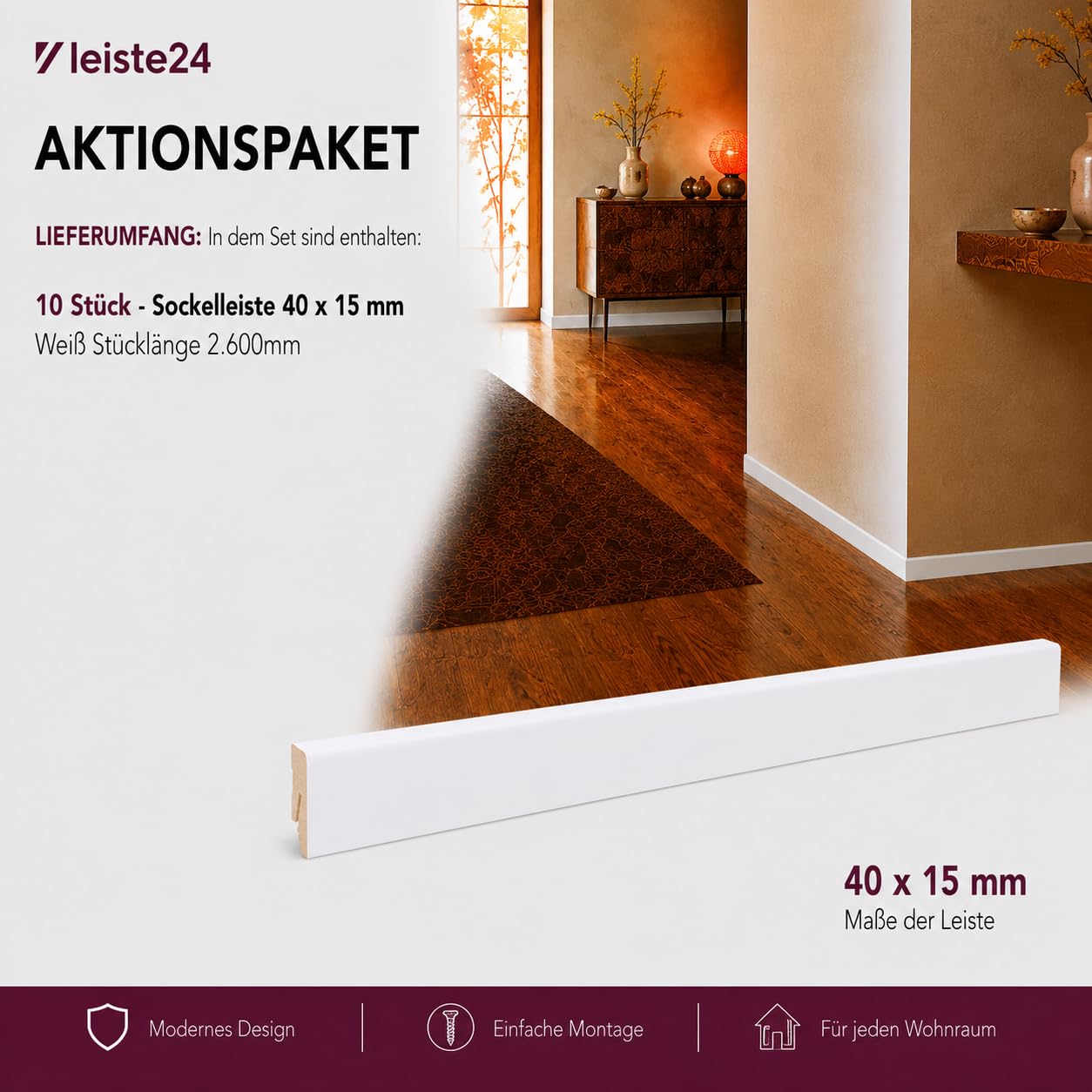 Leiste24 26 m - Plinthe 40 x 15 mm - Blanc