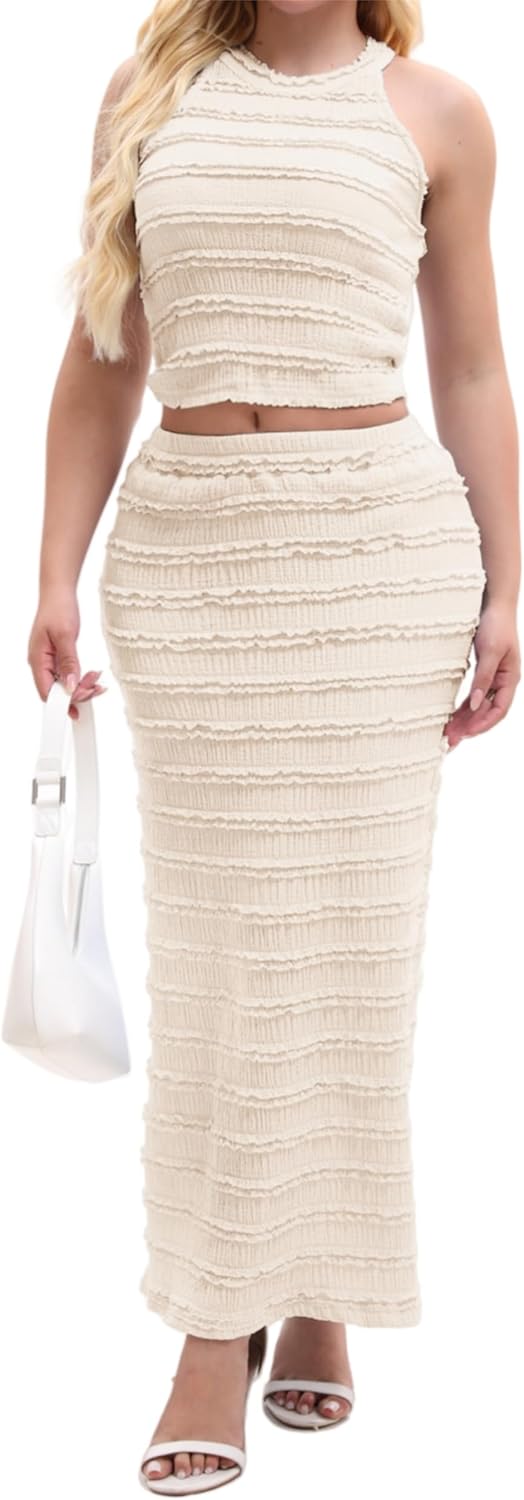 Women’s 2 Piece Summer Outfits Ribbed Knit Crop Top and Bodycon Maxi Skirt Set Sexy Casual Matching Set - Image 7
