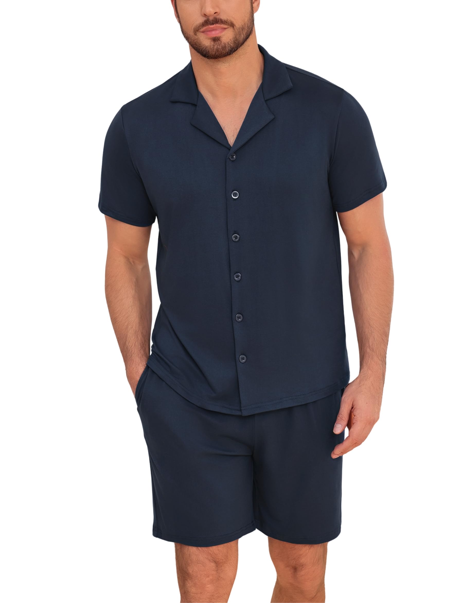 Marvmys Herren Schlafanzug Kurz Sommer Baumwolle Kurzarm Pyjama Herren Zweiteiler mit Reverskragen Knopfleiste Elastischem Bund und Taschen
