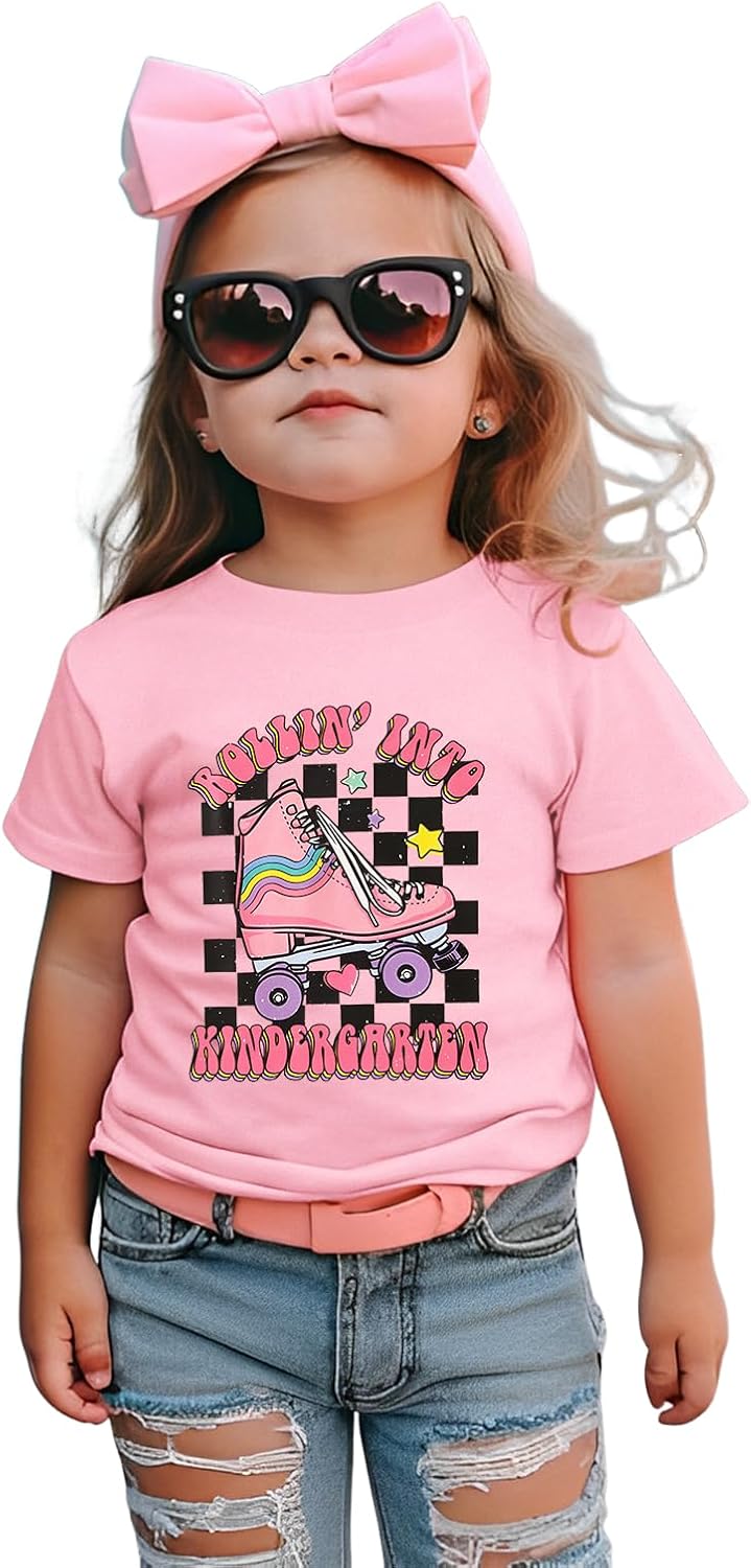 Rolling Into Kindergarten Shirts Baby Girl Roller Skate Back to School T-Shirt First Day of School Short Sleeve Tees