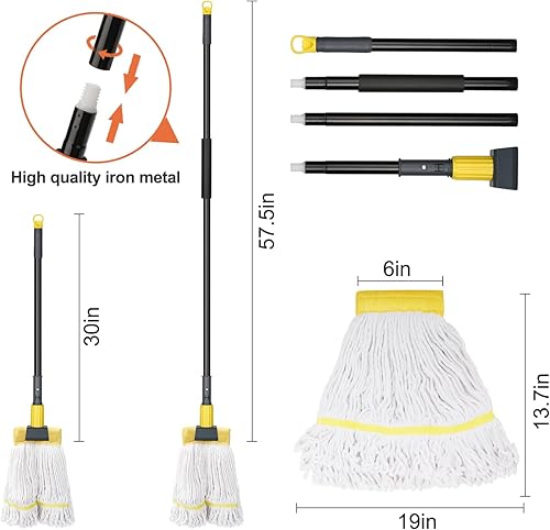 Miniatura 10 de Trapeador industrial de alta resistencia con cabezal de trapeador de repuesto extra, mango largo de 60 pulgadas, mopas de algodón húmedo para