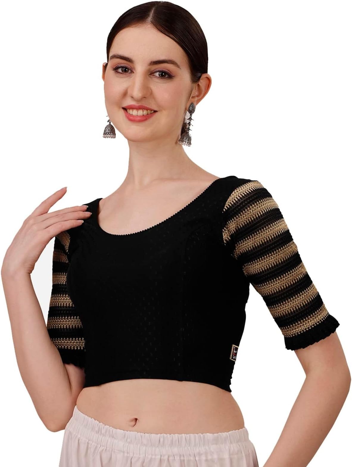 SFT Round Neck Cotton Lycra Stretchable Laced Elbow Sleeves Readymade Saree Blouse for Women Stylish (Shibani