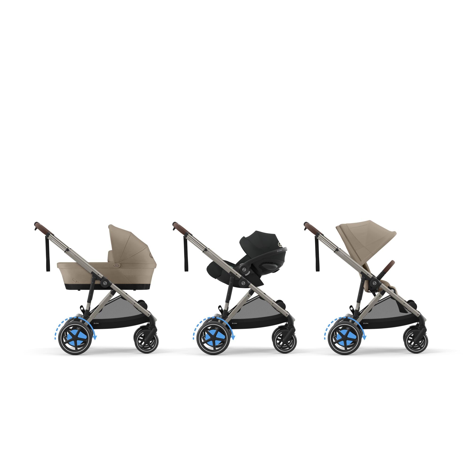 CYBEX Cochecito dorado e-GAZELLE S, máx. 22 kg (modo individual) / 2x 22 kg (modo dúo), sistema todo en 1 con accionamiento eléctrico y 20+ configuraciones, Beige almendra