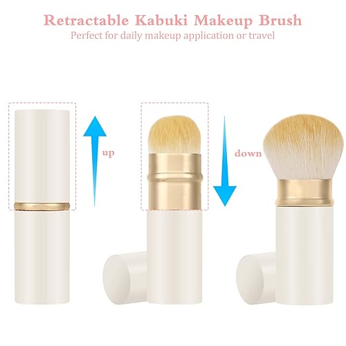 Miniatura 10 de Falliny Brochas de maquillaje retráctiles Kabuki, cepillo de rubor facial de viaje, cepillo de polvo portátil con cubierta para rubor, base,