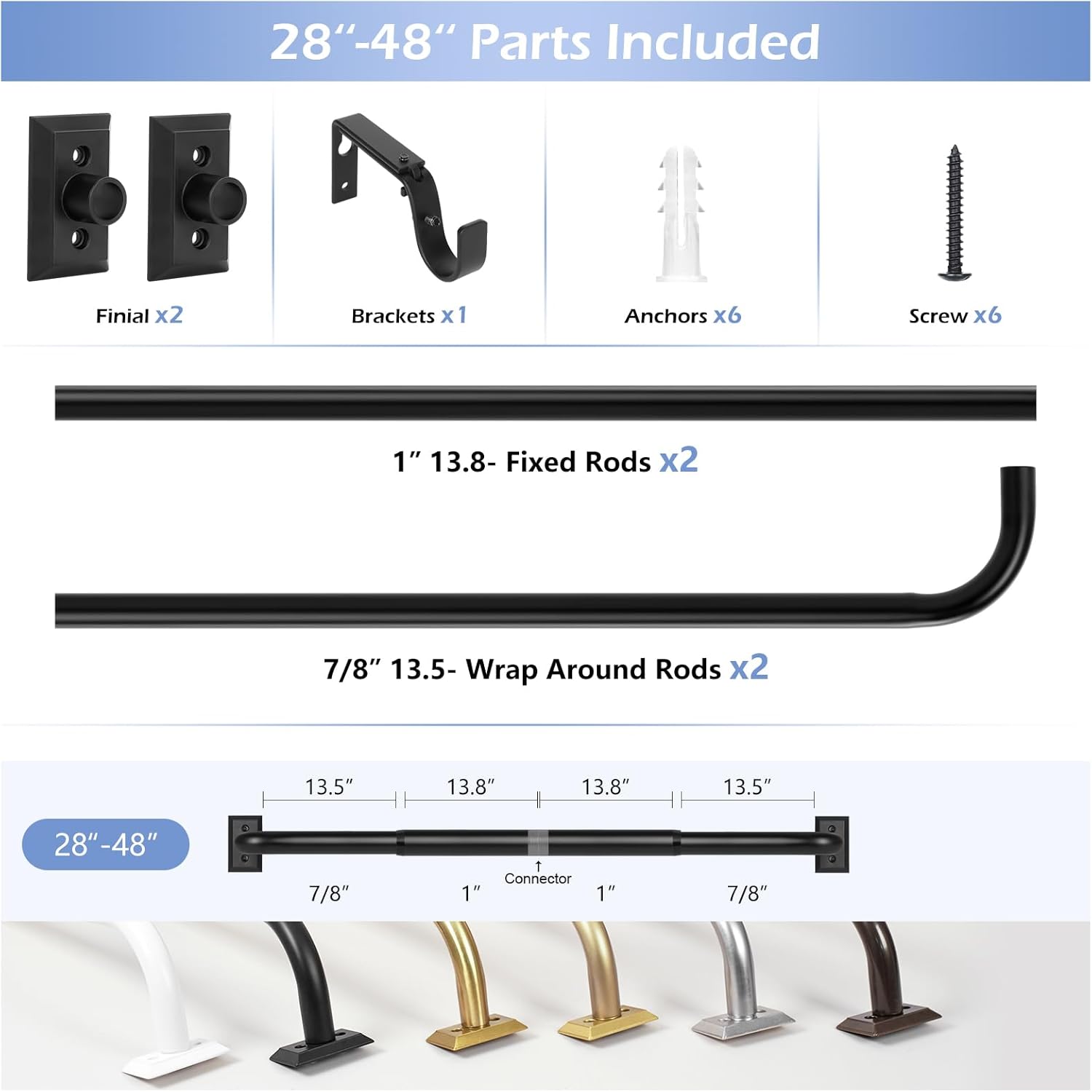 TANGWIN Black Wrap Around Curtain Rods 28 to 48:Blackout Heavy Duty Adjustable Window Curtain Rod for Bedroom Kitchen,Modern Industrial Curved French Return Metal Drapery Rods Easy Install,Matte Black