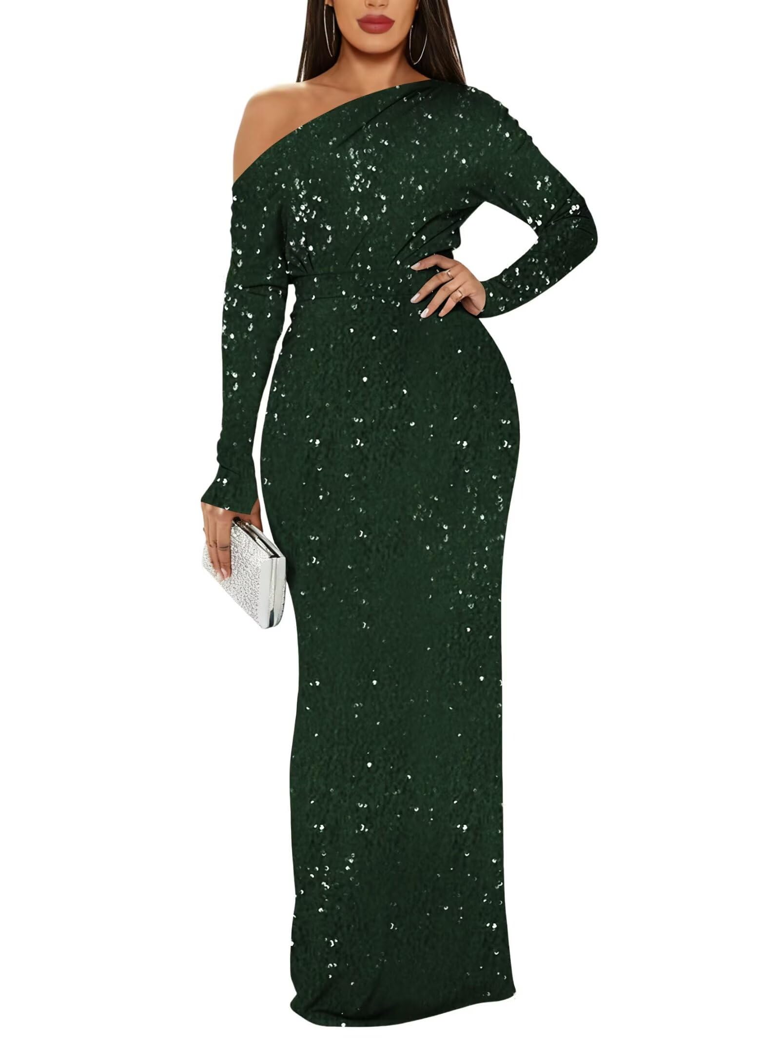 Leeskoot Formal Dresses for Women Sequin One Shoulder Long Sleeve Prom Dress Bodycon Elegant Party Evening Gown