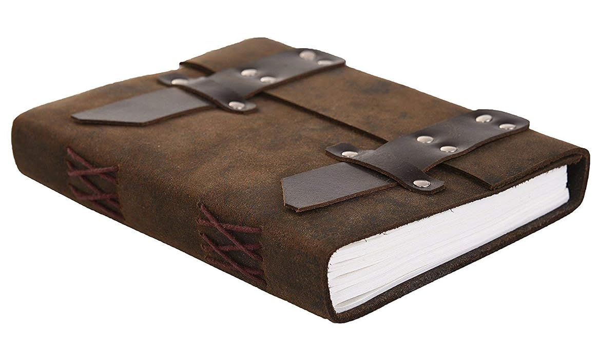 RJKART Handmade Spiral Ruled Leather Journal Diary with Belt Lock (4x6 Inch,