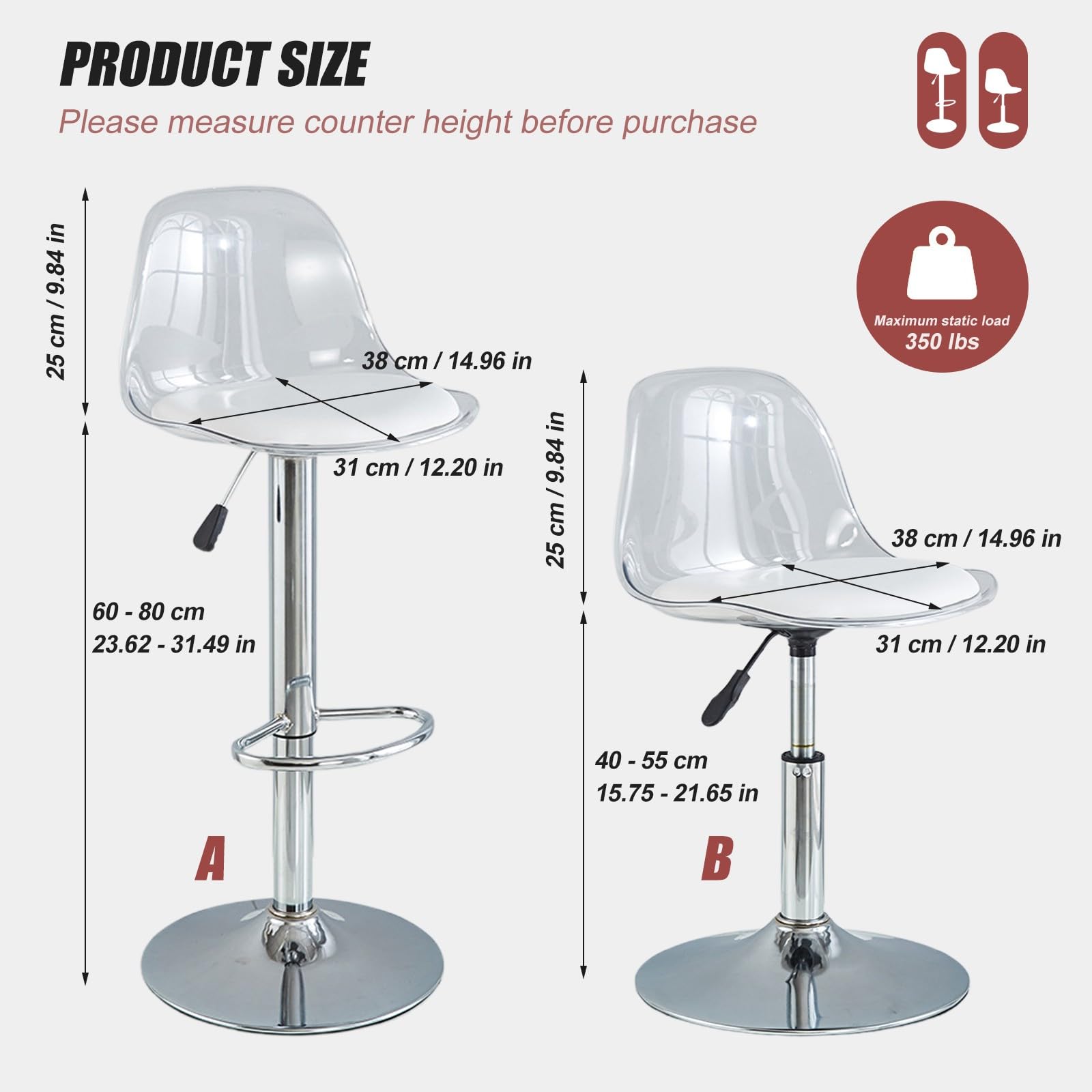 Lot de 2 tabourets de bar réglables et pivotants avec dossier nu - Design transparent - Idéal pour le petit déjeuner et la salle à manger