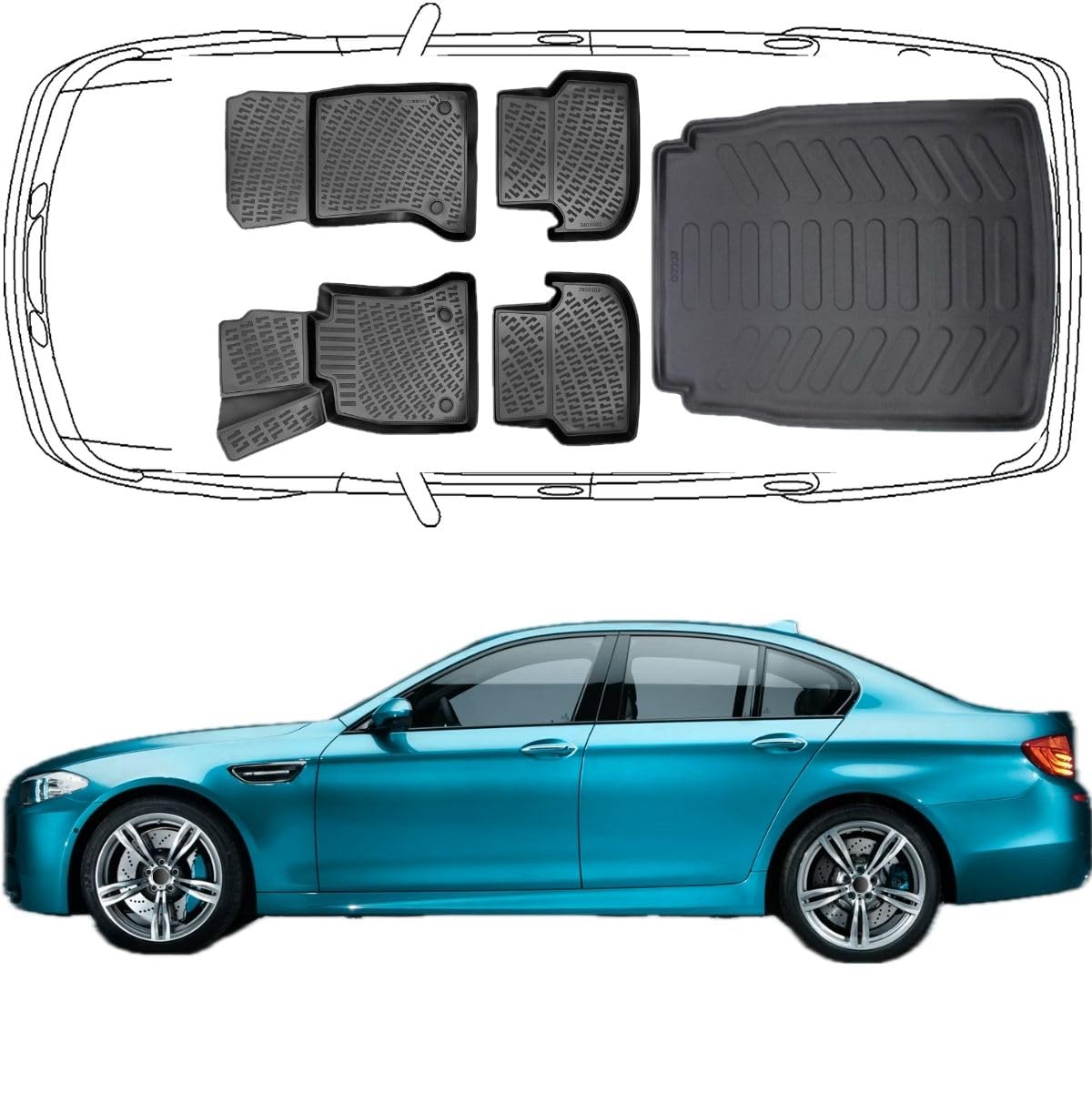 Trimak Dokładnie dopasowane dywaniki samochodowe 3D, zestaw kompatybilny z BMW serii 5 F10 2013-2017 LCI Facelift Sedan Limousine, akcesoria samochodowe, gumowe maty i mata do bagażnika, do samochodów
