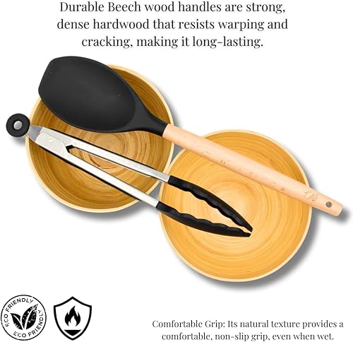 Miniatura 7 de Juego de utensilios de cocina de 14 piezas, con asas de madera, incluye espátula, batidor, cuchara ranurada, resistente al calor de 446 F con