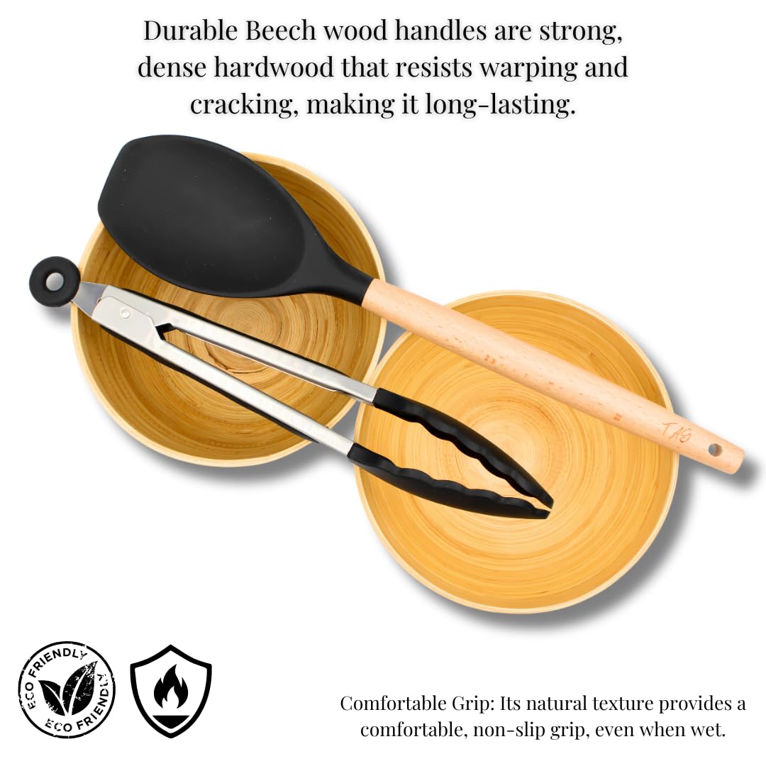 Juego de utensilios de cocina de 14 piezas, con asas de madera, incluye espátula, batidor, cuchara ranurada, resistente al calor con soporte para utensilios de cocina antiadherentes