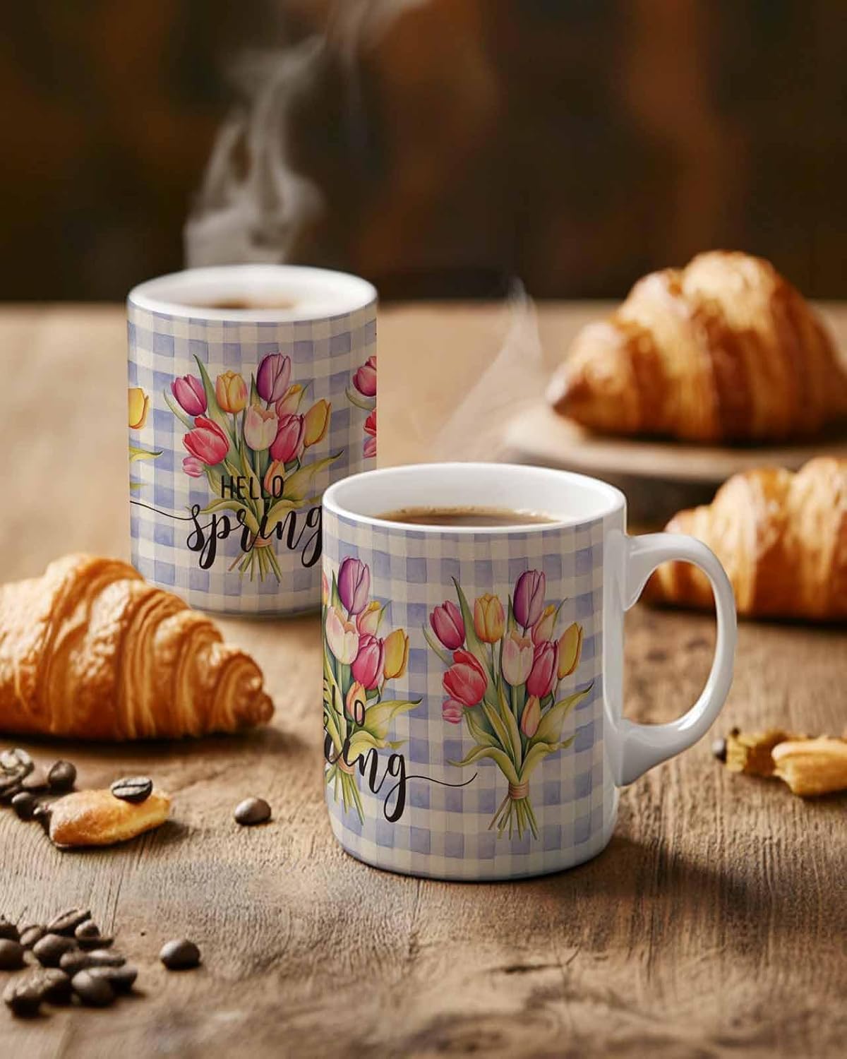 BEMIGO Ceramic Coffee Mug Spring Tulips Flower Plaid Ceramic Mug White Cup, Purple Insulated Coffee Cup with Handle with Pattern Perfect for Tea and Hot Beverages, 12oz