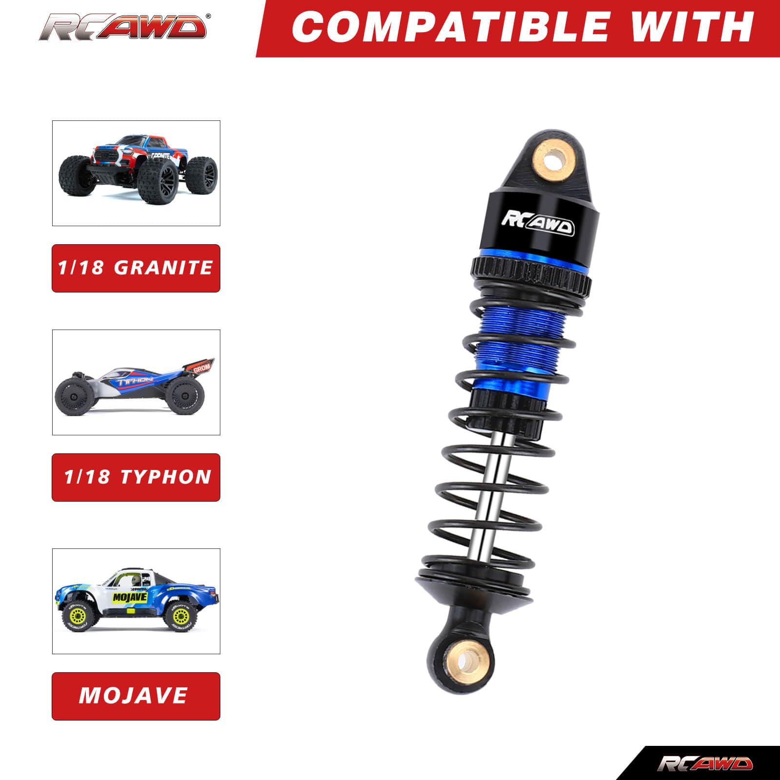 RCAWD Alloy Front Rear Shocks for Arrma 1/18 Granite Typhon Mojave Grom Series Upgrades Part Blue