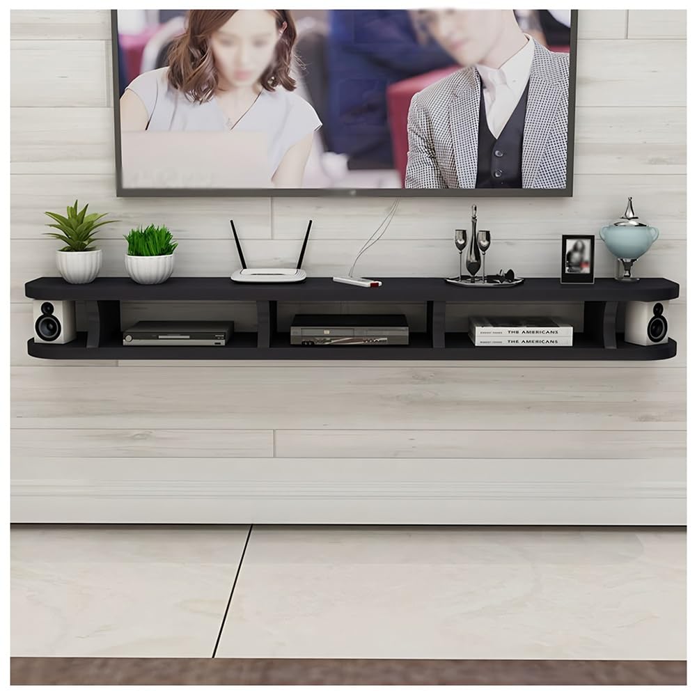 YUANCHUTOP Modern Wall-Mounted Floating TV Stand, Media Console with Open Shelves, Stylish Storage Rack for Living Room/Bedroom, Set-Top Box & Router (Black, 140x22x15 cm)