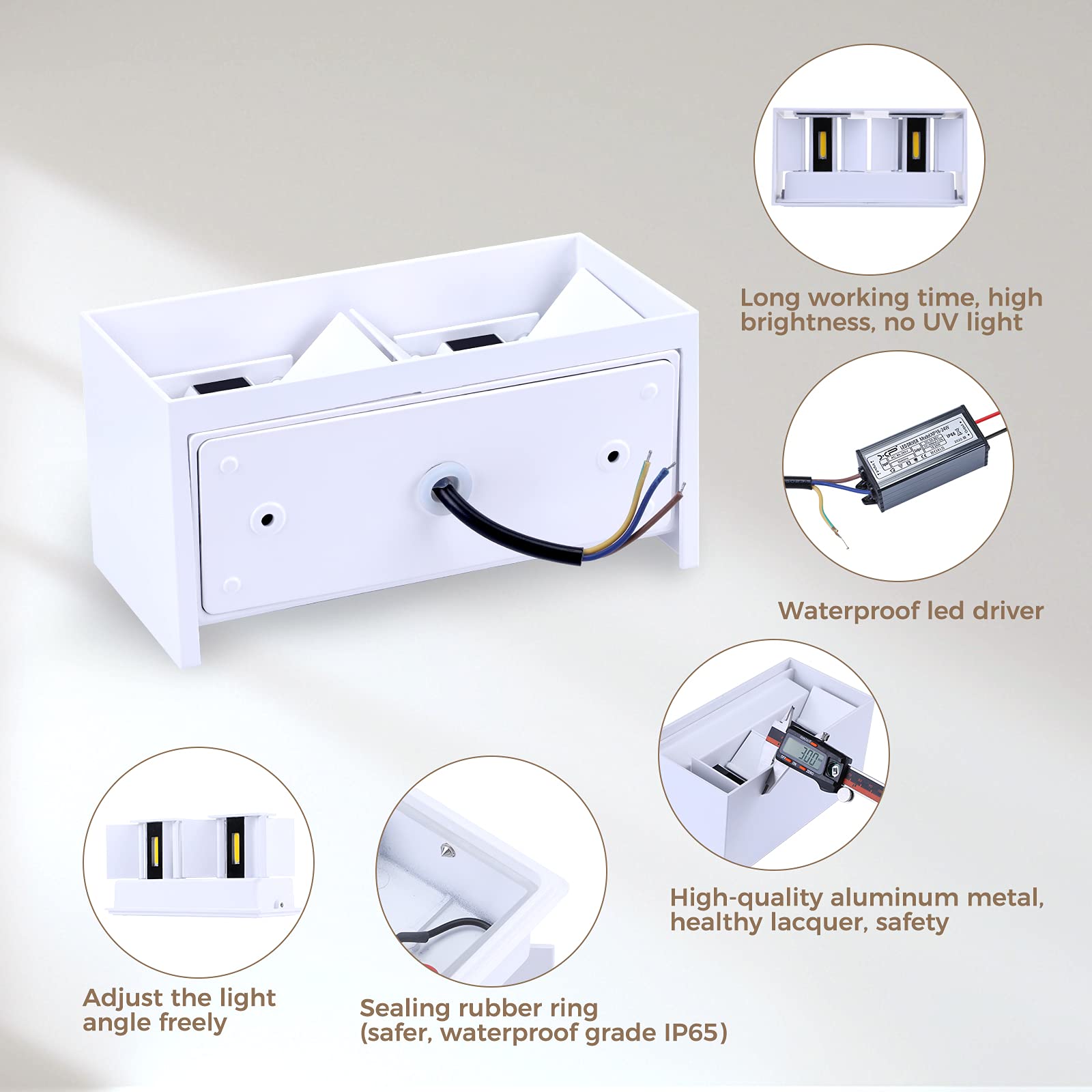 ENCOFT 24W Applique da Parete interno Esterno COB LED Bianco Lampada da Parete Muro IP65 Impermeabile, Luce 6000K fredda Applique Esterno in Alluminio Angolo Regolabile, Bianco