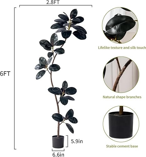 Miniatura 2 de Árbol de goma artificial de 6 pies, plantas artificiales para interiores, plantas artificiales para interiores, plantas tropicales falsas, piso