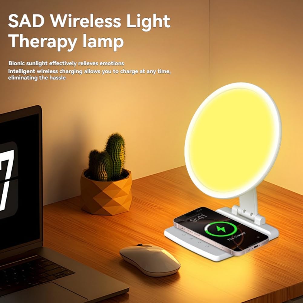 Lampada per Terapia Della Luce con Caricabatterie Wireless 3000-6500K 10000 Lampada Solare Lampada per Trattamento SAD Timer Intelligente