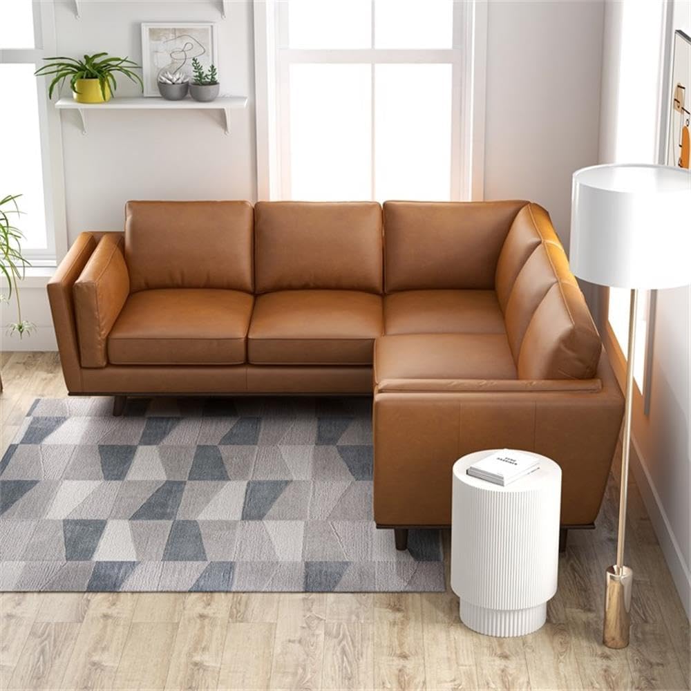 Pemberly Row Genuine Aniline Leather Corner Sectional Sofa, Tan Upholstery, 90" W x 34" H x 35" D, Solid Wood Frame, Walnut Legs, Mid-Century Modern Symmetrical L-Shaped Design for Living Room