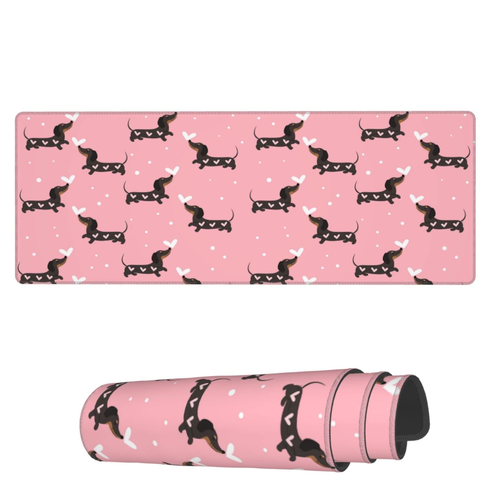 Famame Laptop Mouse Pad Cute Dachshund Dogs Hearts Desk Mat with Stitched Edges 31.5X 11.8 inch Non-Slip Large Keyboard Rubber Writing Table Mat for