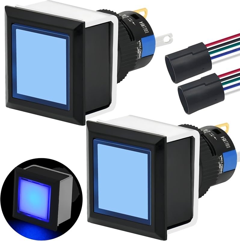 2Pcs Square Momentary Push Button Switch Ultra Thin Panel 21 * 21mm Square Mounting Hole with Blue LED Light 12V-24V 1NO 1NC Waterproof 5Amp