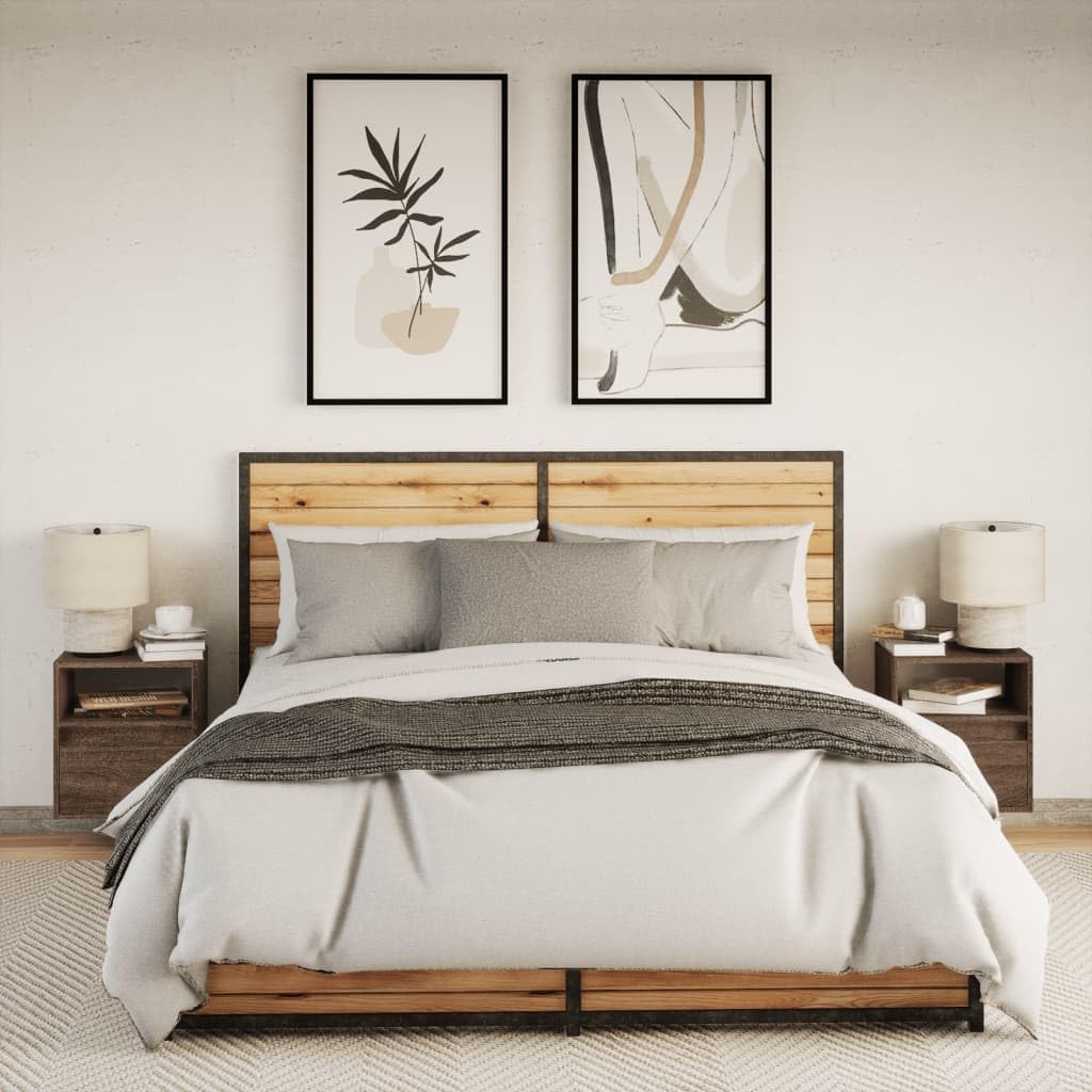 Comodini da parete con luci a LED, set da 2 pezzi, colore marrone quercia, consolle da notte sospese con cassetto per camera da letto mobili