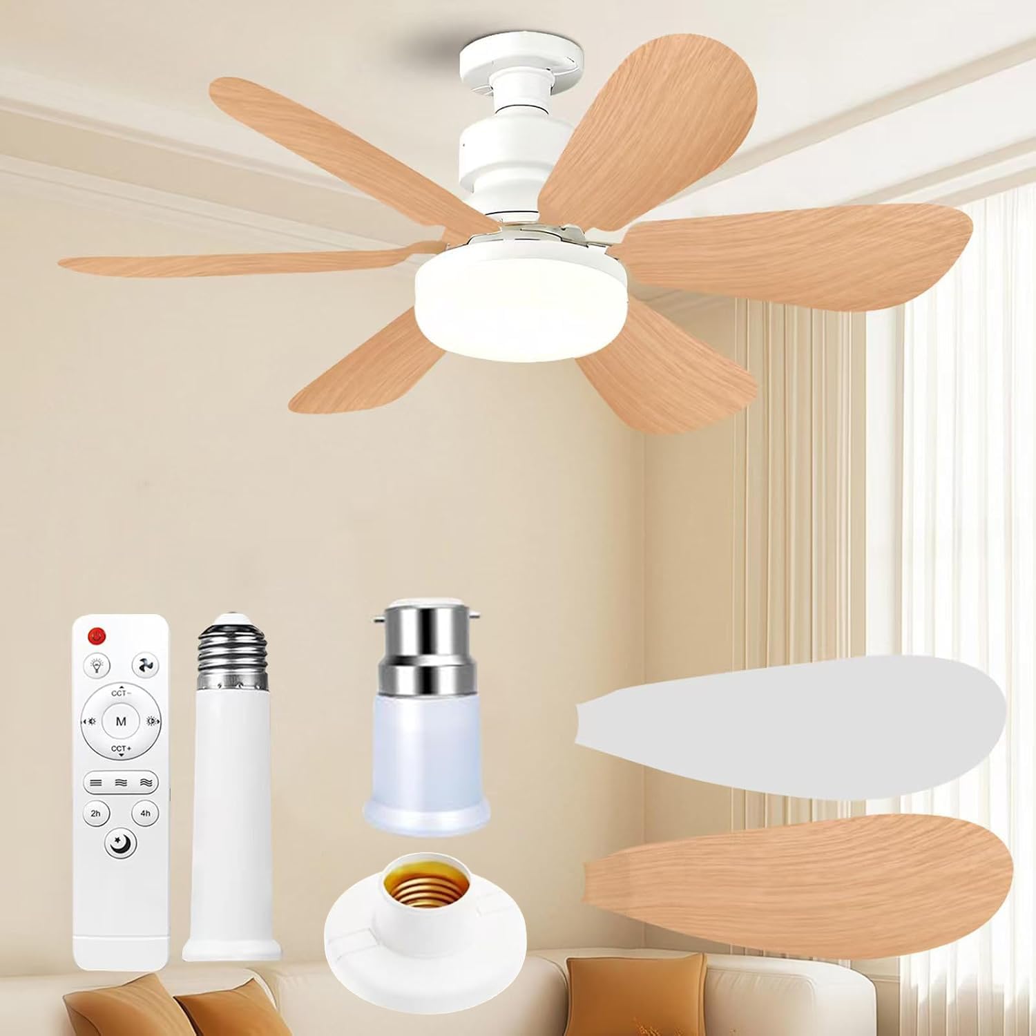 Fibrave Ceiling Fan Light, E27 Fan Lights with Remote Control, Stepless Dimmable 30W 1800 Lumens 3000-6500K 3-Color 3-Speed, Small Ceiling Fan with Light for Bedroom, Kitchen, Bathroom(Wood Grain)