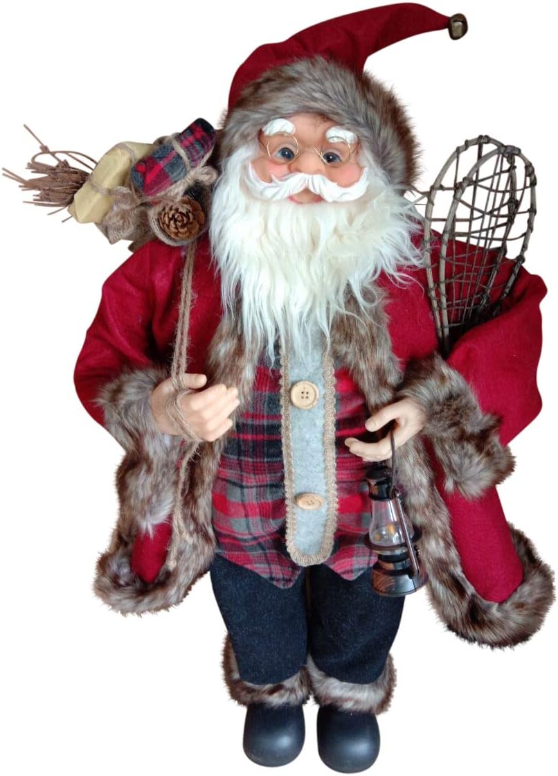 Garden Market Place Large 90cms Tall Father Christmas Figure With Sack of Presents, Snow Shoes & Lamp - Rustic Santa Style