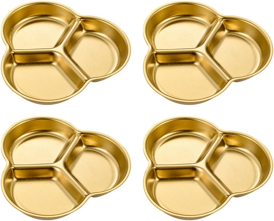 4 Pcs Soy Sauce Dish Stainless Steel Divided Dip Bowls Korean 4 Compartment Gold Sauce Plate Seasoning Dipping Condiment Tray for BBQ Vinegar Spice Salt Sugar Flavor Home Restaurant