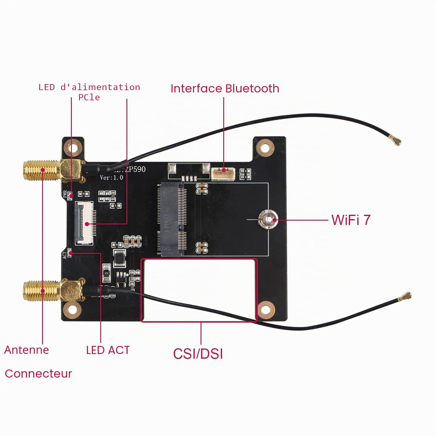 ZDE ZP590A PCIe to M.2 E Key WiFi7 6 6E 5 Hat Adapter for Raspberry Pi 5 | WiFi Adapter Expansion Board, Support Google TPU WIFI 7 BE200 WIFI6E AX210 MT7922 WIFI6 AX200