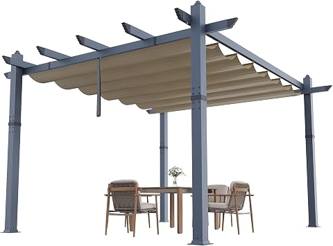 10x13 FT Aluminum Pergola with Adjustable Canopy, Outdoor Metal Gazebo with Reinforced Frame, Waterproof Sun Shade & Windproof Netting for Patio, Backyard, Garden, Khaki