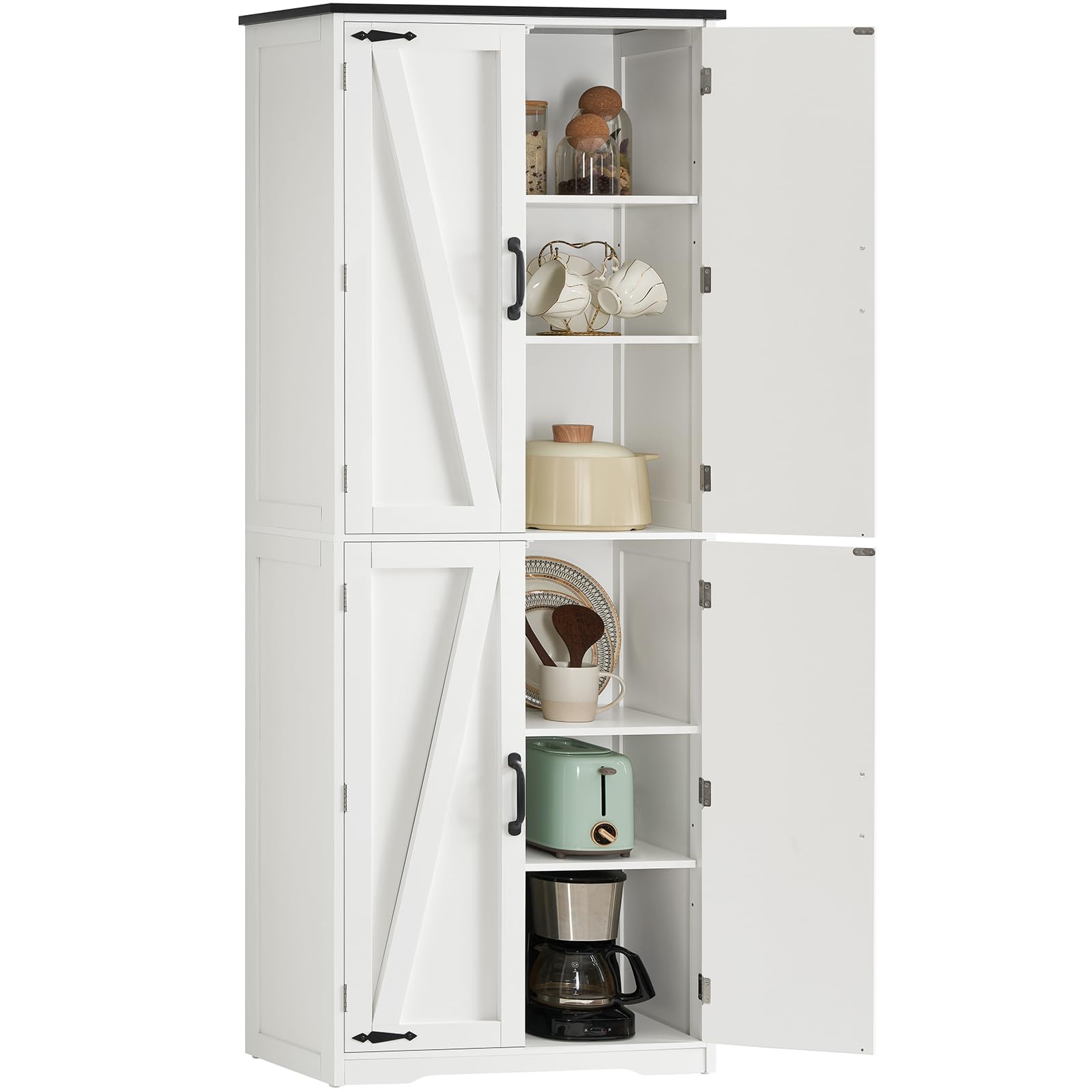 TEENFON 170 cm Credenza Cucina Alta, Mobile Cucina con 4 Ante, Mobile Dispensa con Ripiani Regolabili, per Sala da Pranzo e Soggiorno, Bianco, 30x60x170 cm