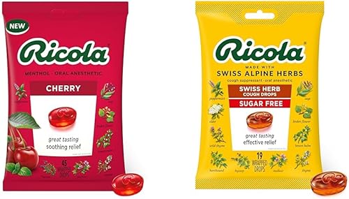 Ricola Gotas para la garganta de cereza, 45 gotas de hierbas originales sin azúcar, 19 unidades