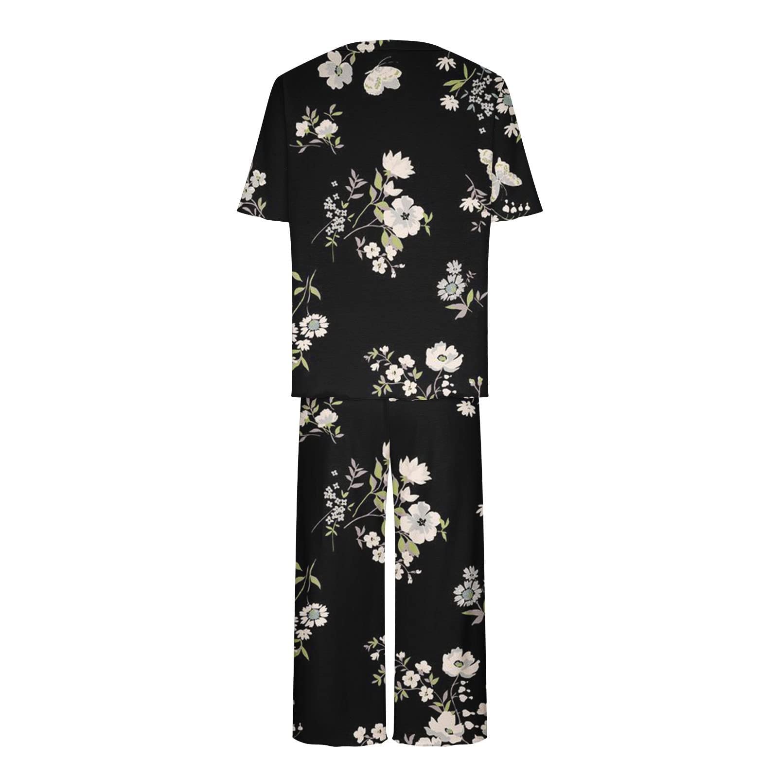Pyjama élégant pour femme - Imprimé floral - Pyjama 2 pièces | Ensemble de pyjama avec poches - Manches courtes - Col rond et taille élastique - Pantalon de pyjama 7/8