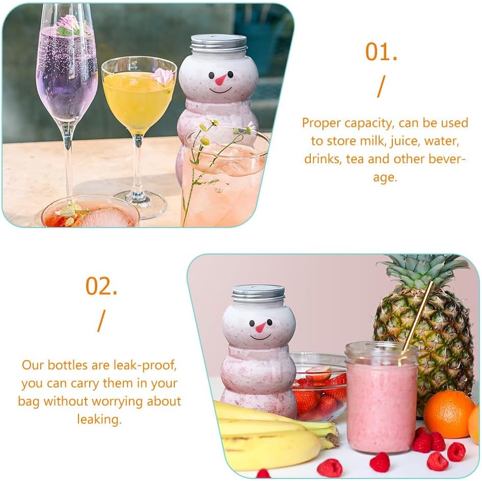 Milk Tea Juice Bottle Set of 15 Snowman Shaped Reusable Juice Bottles with Caps 5.9 Inch Pet Transparent Drink Containers for Cold Beverages and Kids Party