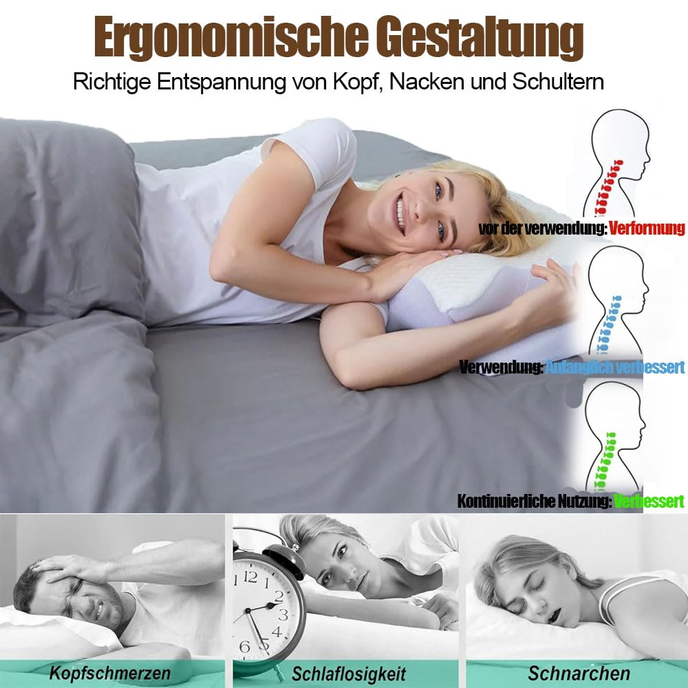 Generisch Pillow Das Nacken Therapiekissen Ergonomisches Memory Foam Kissen Nackenstützkissen für Seiten Rücken Bauchschläfer atmungsaktiv waschbar (Grau)