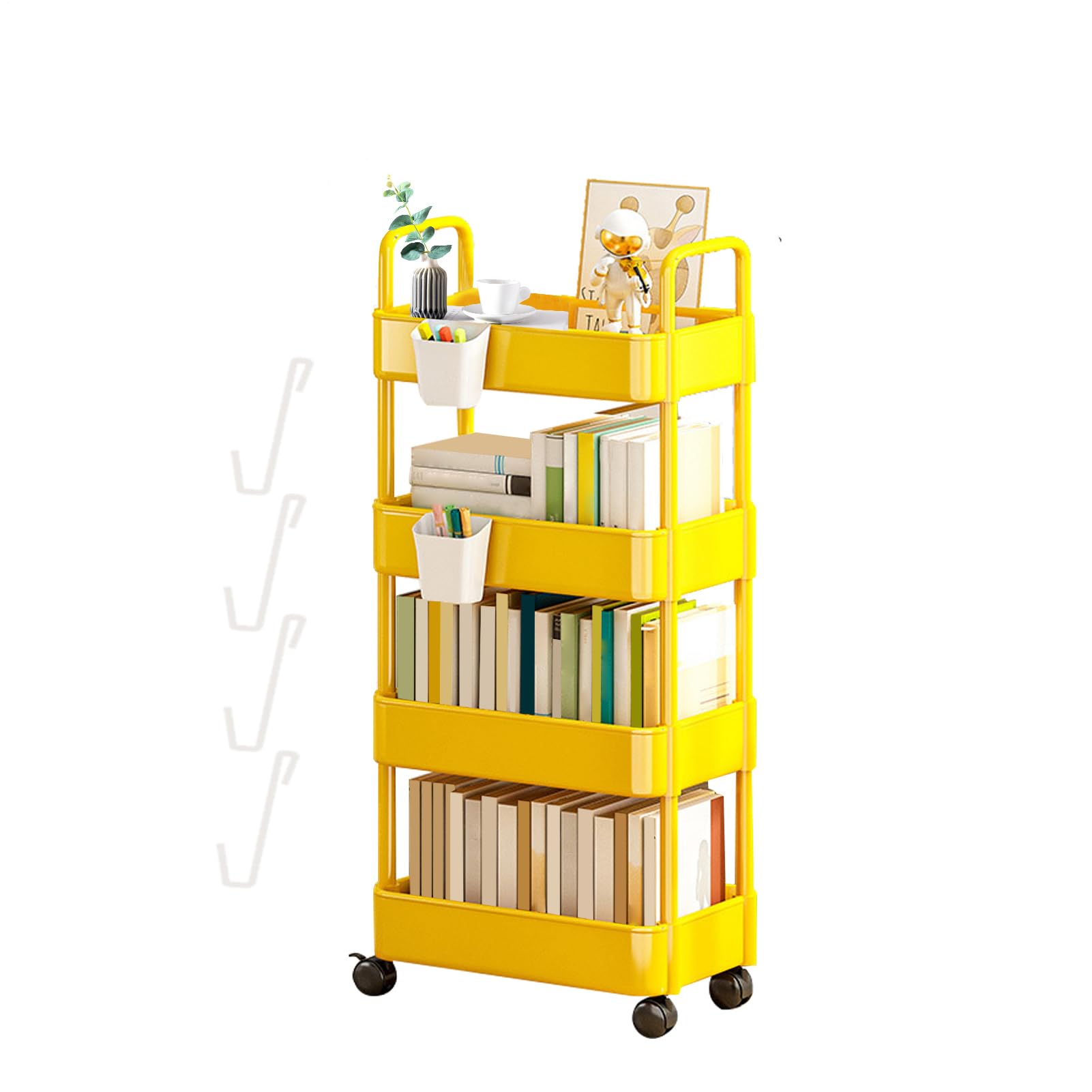 Carro Almacenamiento | Organizador Carrito rodante para Libros - Estante 3/4 Niveles con Ruedas y Ganchos, Carrito Almacenamiento, Carrito refrigerios