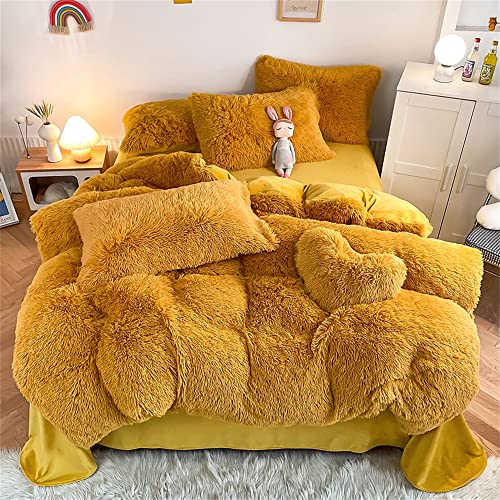 Chovy Faux Fur Plush Ginger Yellow Comforter Sets King - Ultra Soft Shaggy Flannel Velvet Fluffy Fuzzy 3Pc Bedding Set （Comforter X 1 Pillowcases X 2） #TOP1