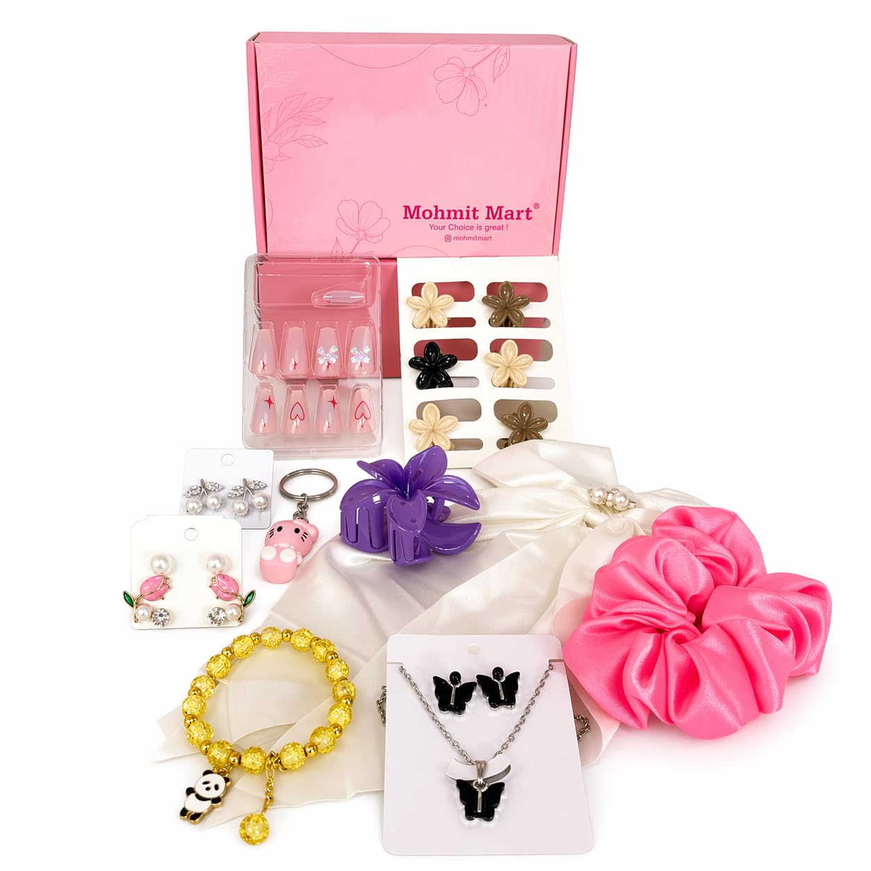 10 Pcs Trendy Hair Accessories & Fashion Jewelry Gift Set for Girls & Women | Includes Butterfly Hair Claw (1 Pair), Butterfly Necklace & Earring Set, Korean Earrings with Pearl Studs & Chunky Trendy Earrings | Random Designs as per Latest Trend | Pink Gift Box Included-image-28